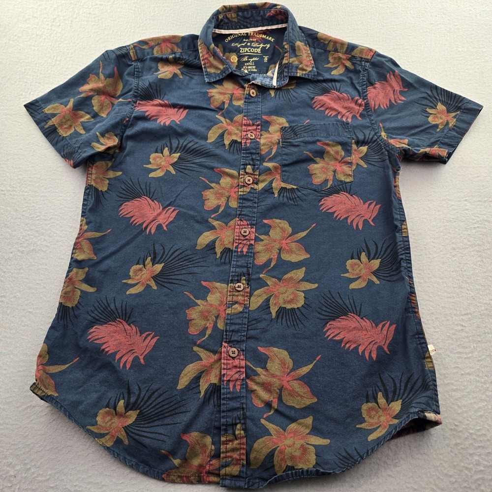 Zip Code Hawaiian Shirt Mens Small Blue Tropical Floral Print Cotton Button Up